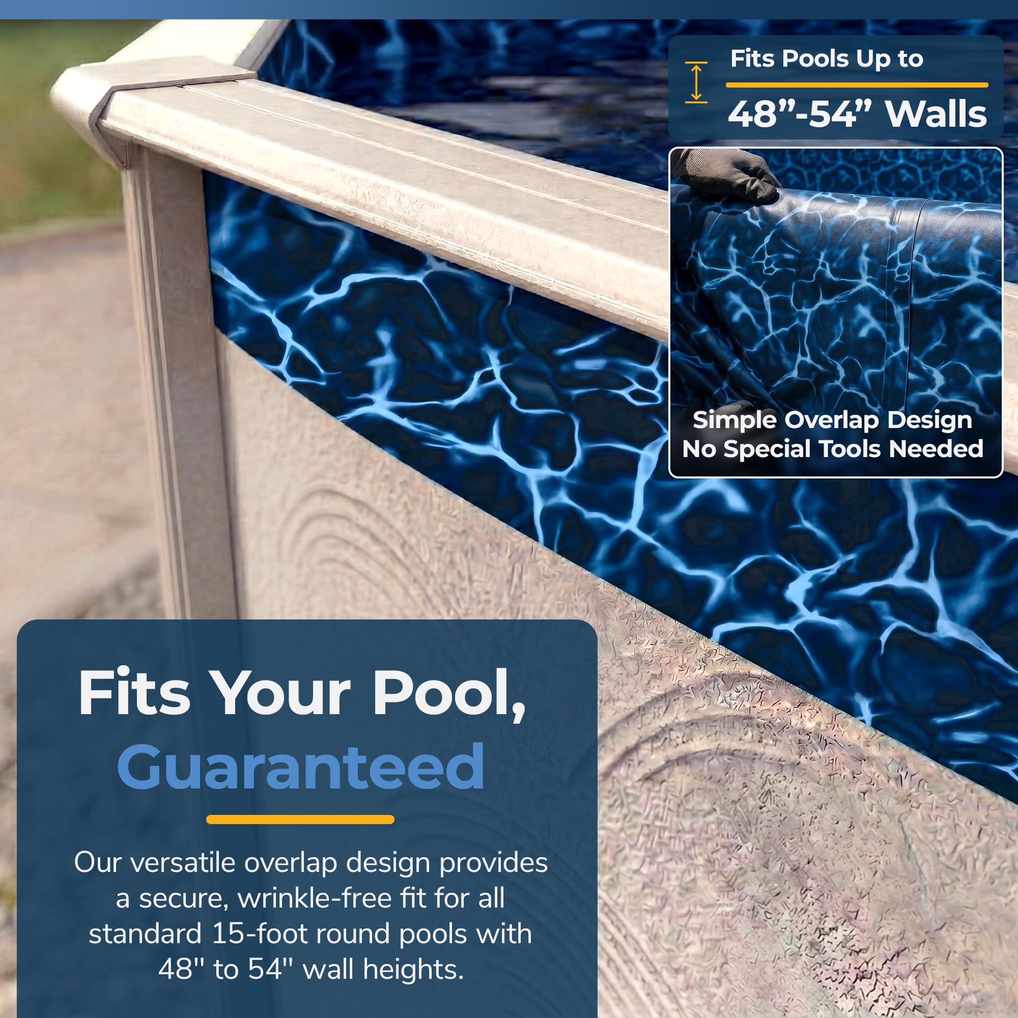 Blue Wave overlap installation demo showing liner folded over steel wall for simple DIY fit