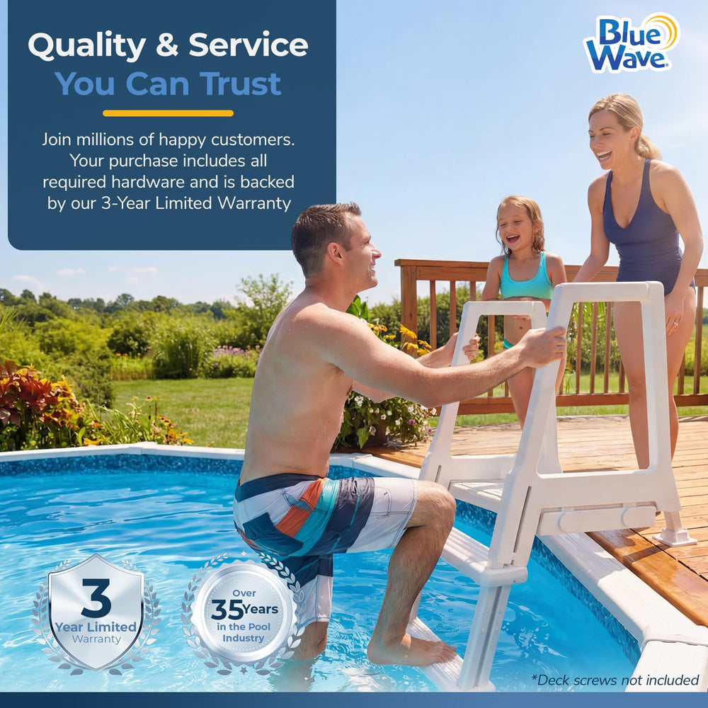 Blue Wave family using ladder demonstrating easier pool access