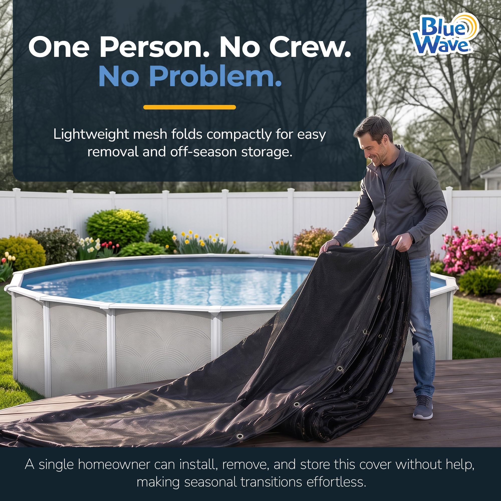 Blue Wave folded cover compact for storage, saves space off-season