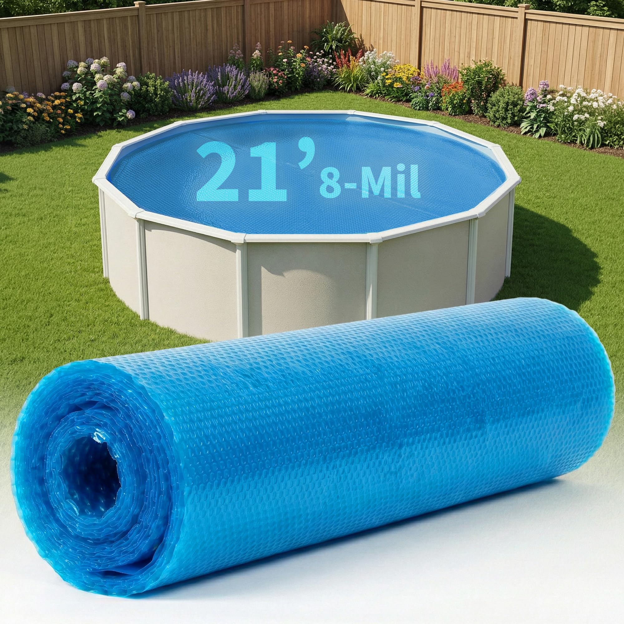 Blue Wave front view of 21-ft round solar cover packaging showing key benefits