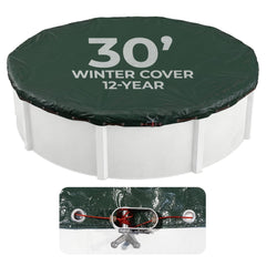 Blue Wave front packaging of 30-ft round winter cover showing contents and benefit
