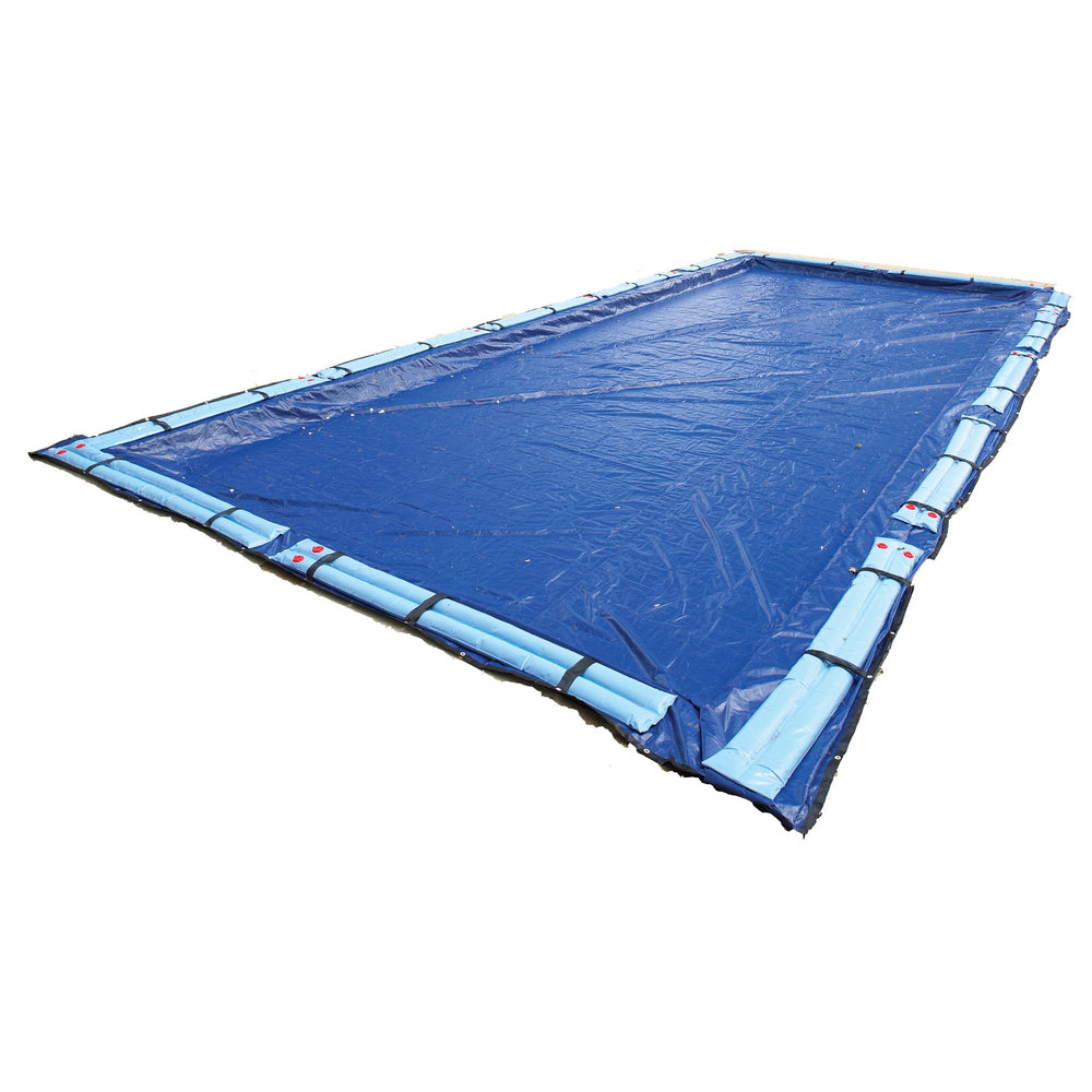Blue Wave front view of 12x20 solid winter cover showing full pool protection benefits