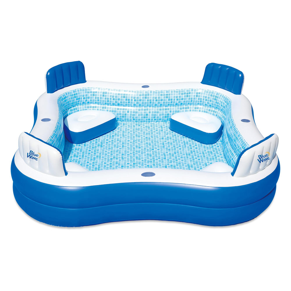 Blue Wave front view of family pool showing roomy layout and square shape for family fun