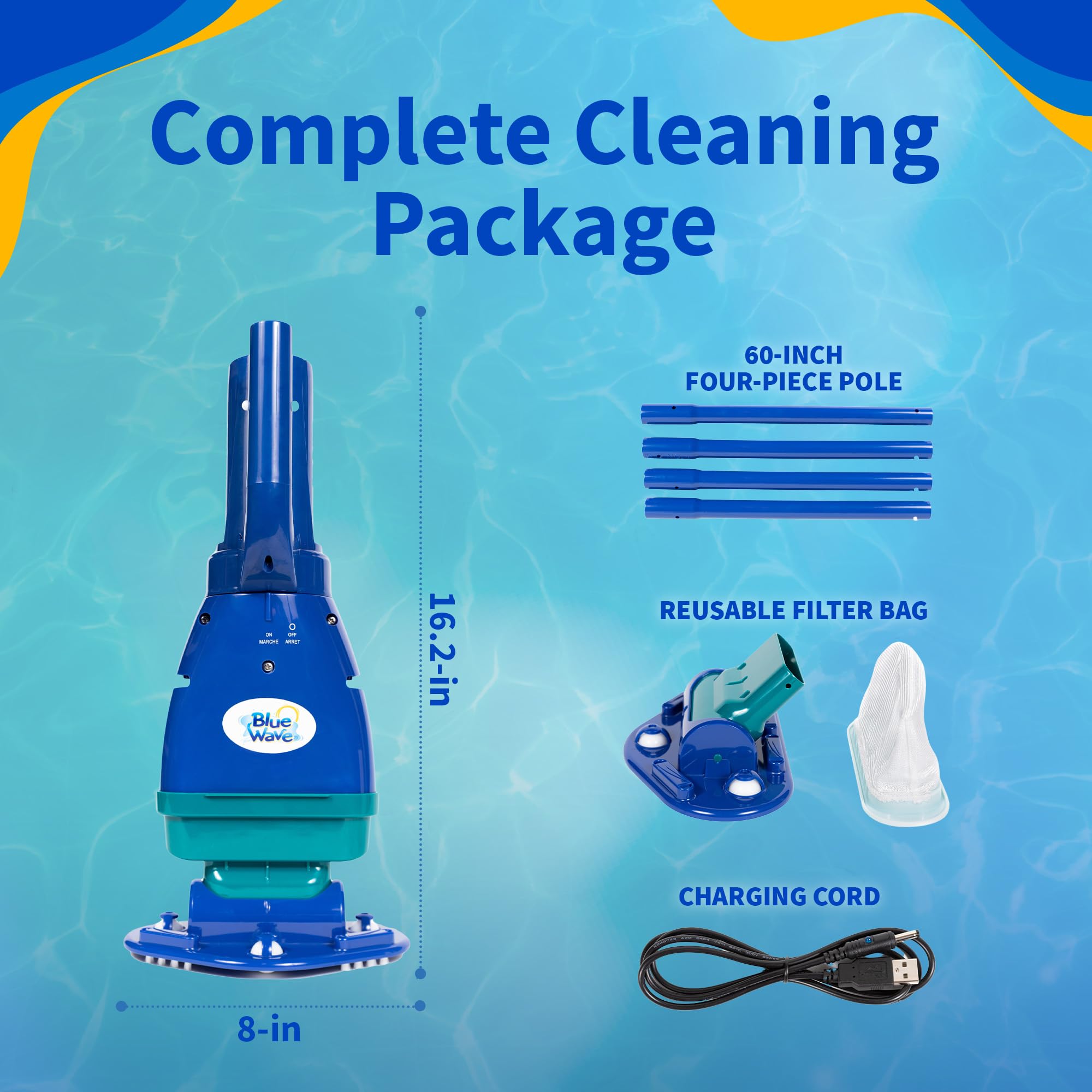 Blue Wave Fusion PV-5 attached to 60-inch pole cleaning pool floor for extended reach