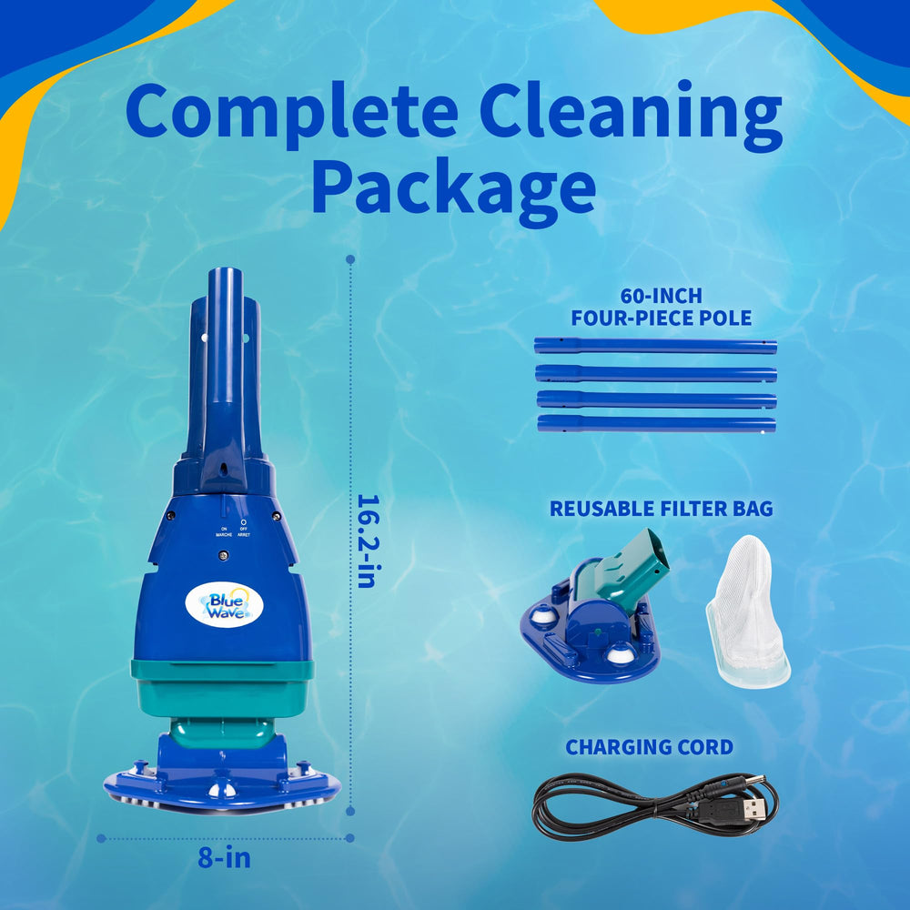 Blue Wave Fusion PV-5 attached to 60-inch pole cleaning pool floor for extended reach