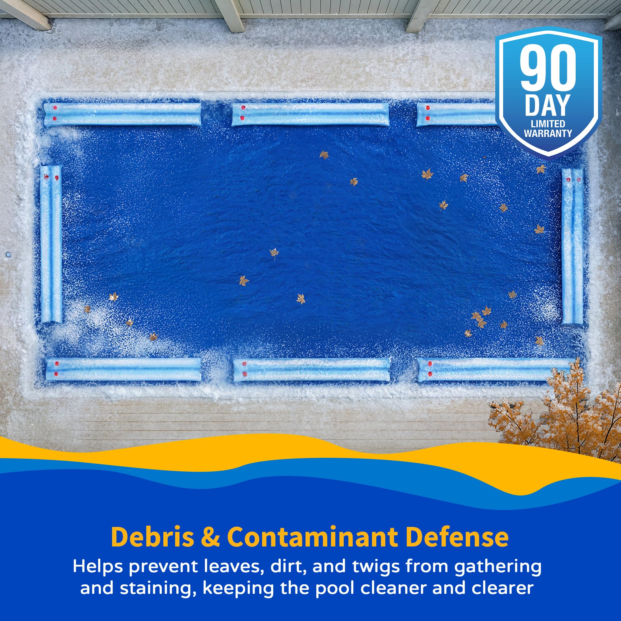 Blue Wave water tube positioned along pool edge anchoring cover against wind and debris
