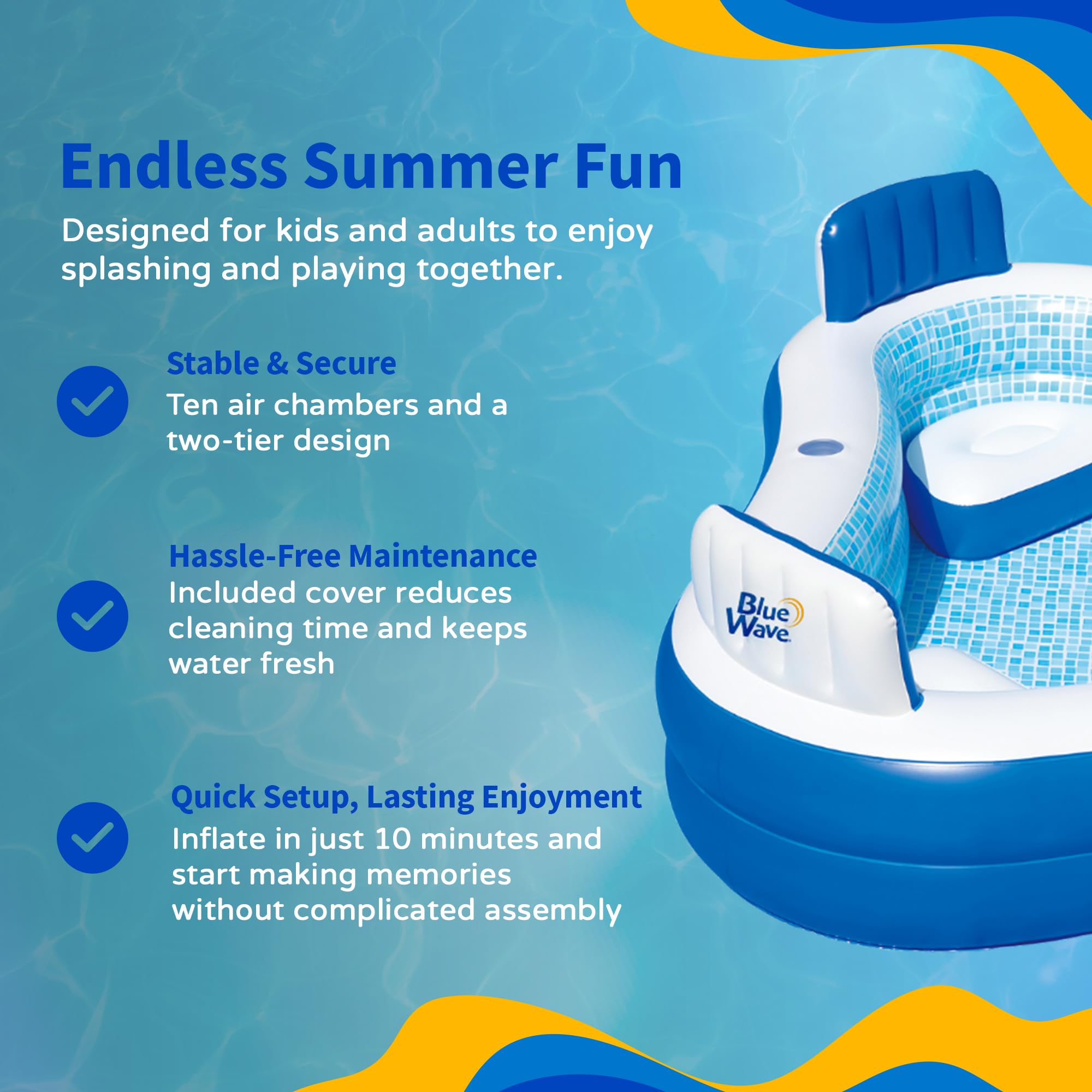 Blue Wave lifestyle shot of family using pool showing relaxation and backyard enjoyment