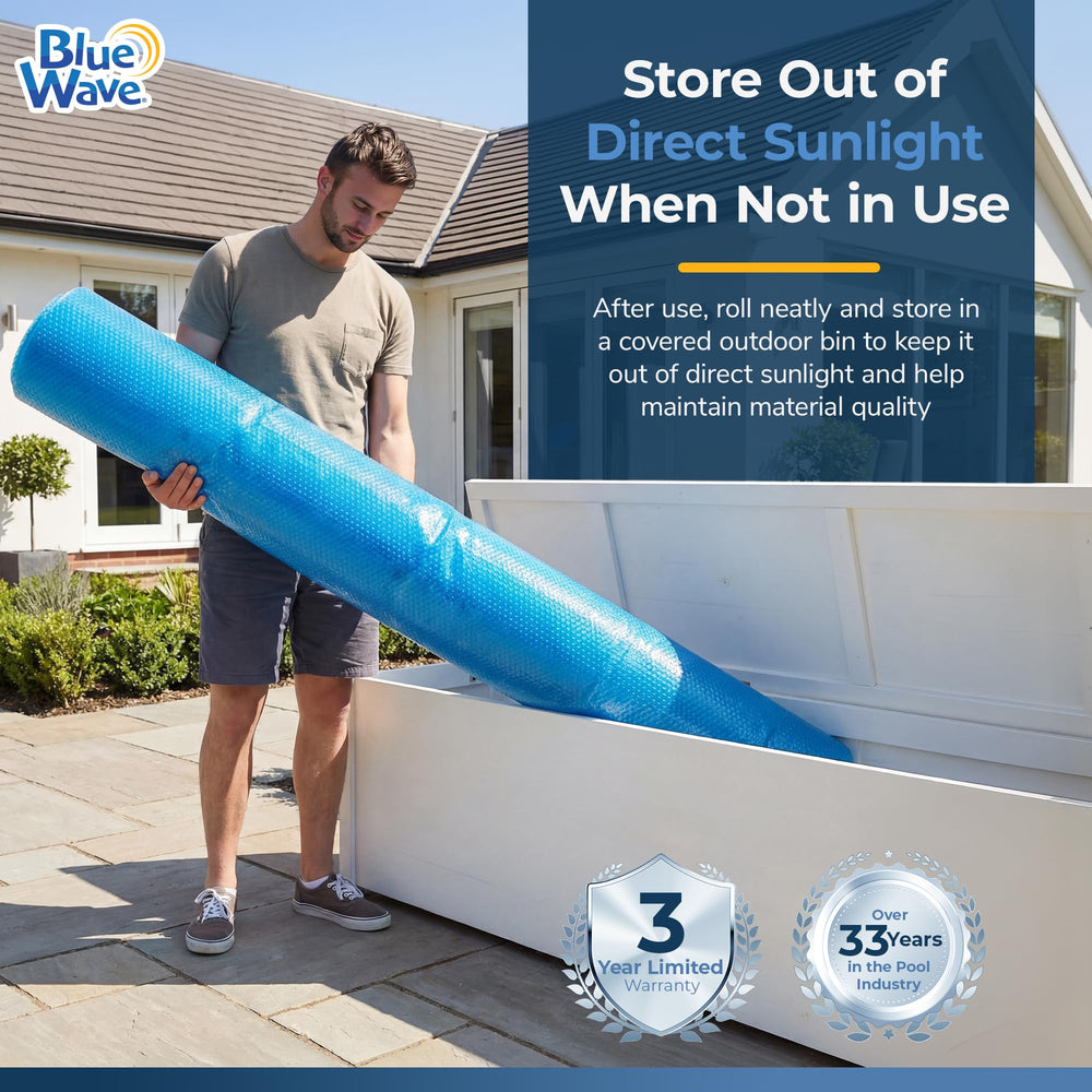 Blue Wave solar cover on a backyard pool at sunset showing extended swim season comfort