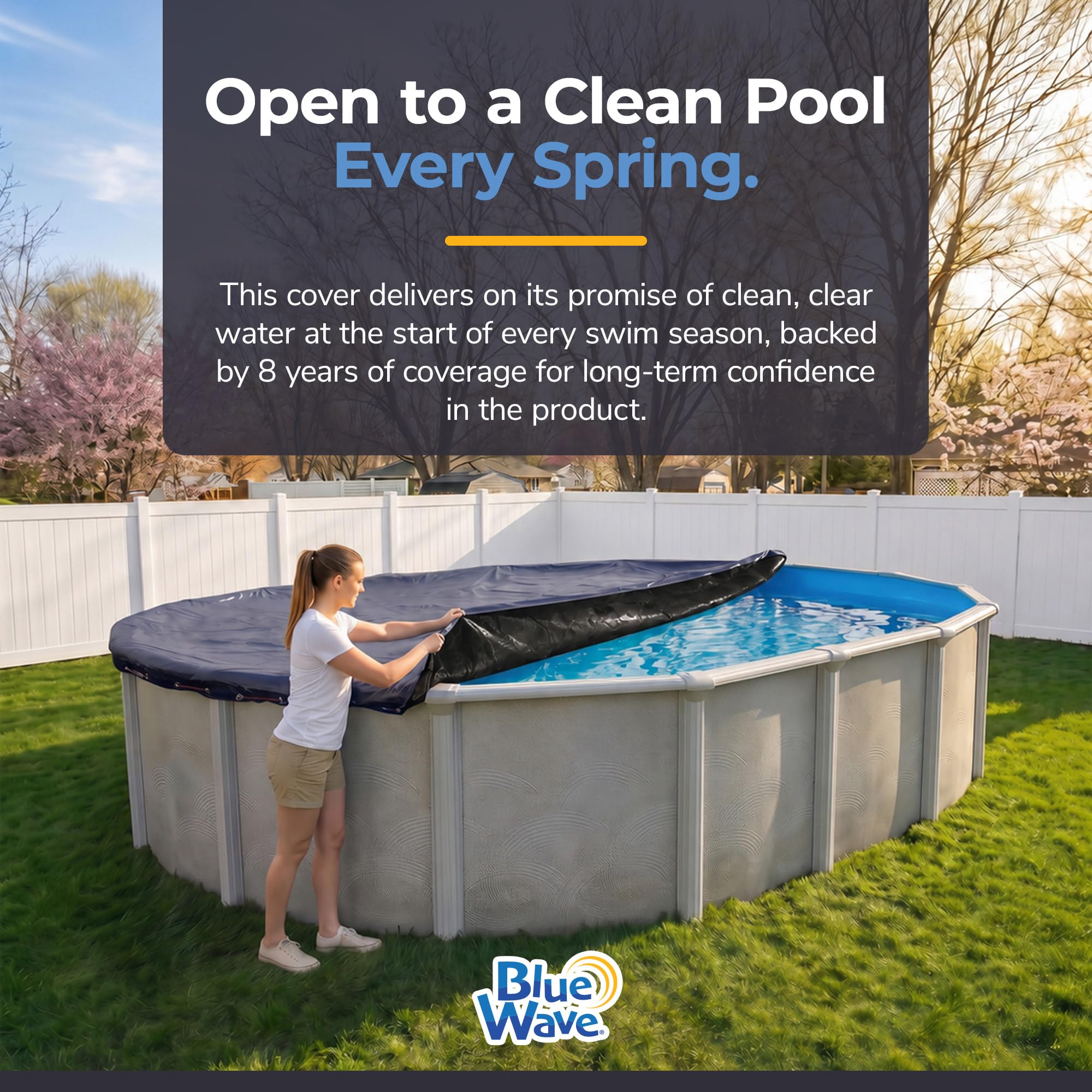 Blue Wave winter backyard scene with cover in place showing cleaner spring opening benefit