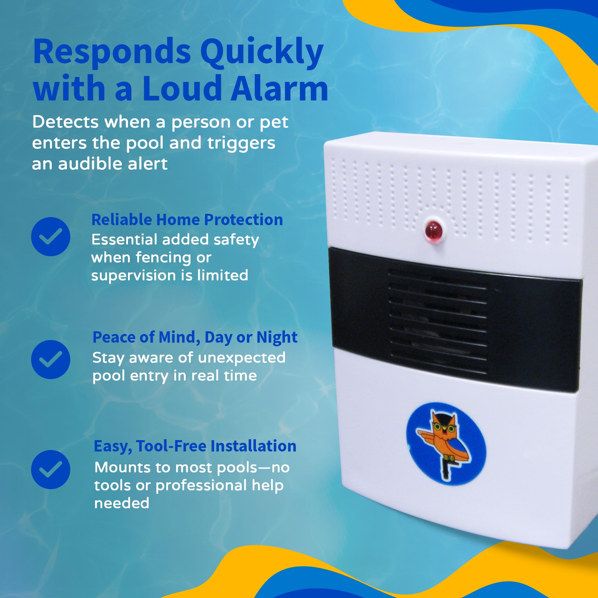 Blue Wave alarm system shown poolside to convey safety and everyday use