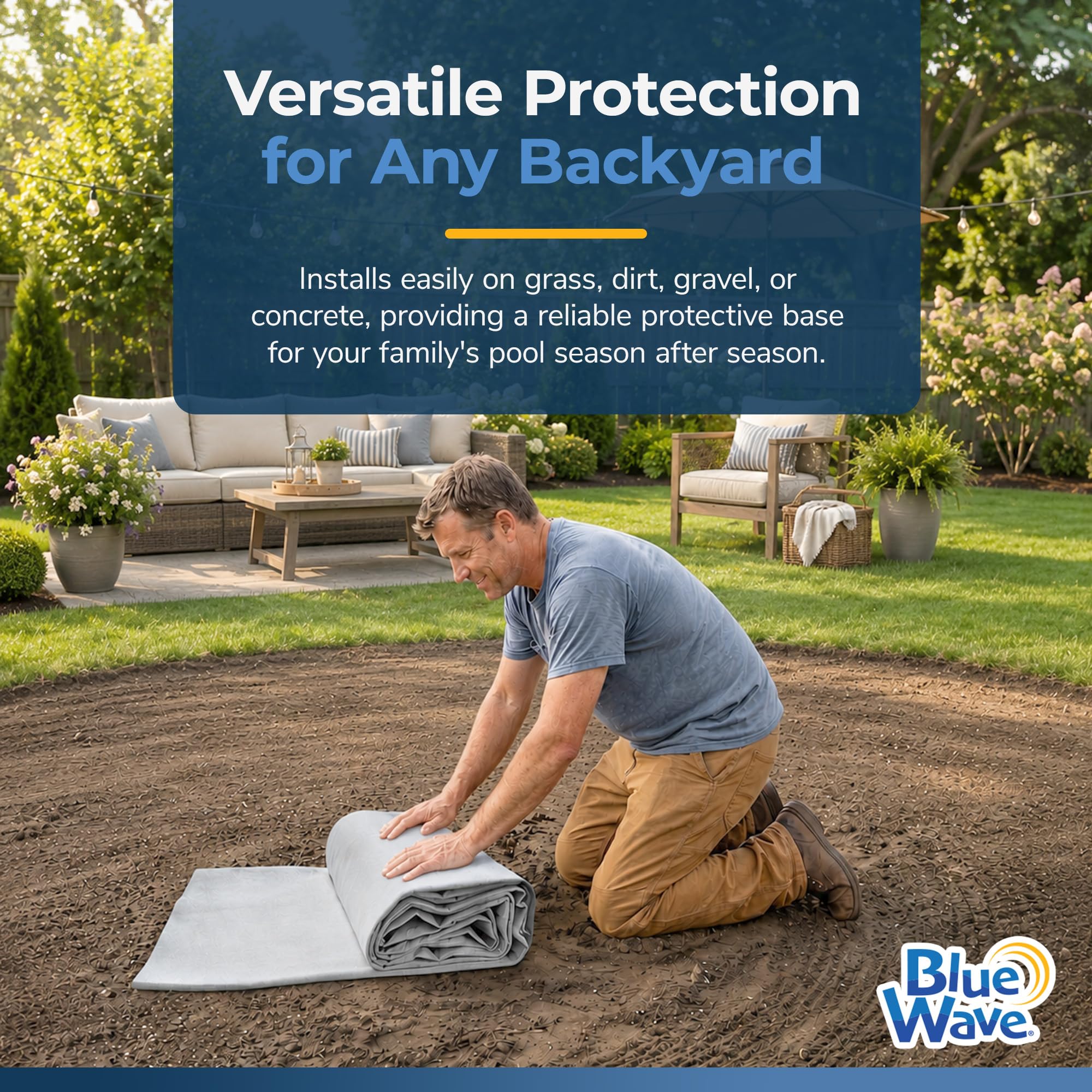 Blue Wave pad laid inside oval pool showing easy install benefit
