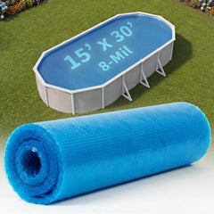Blue Wave front view of the 15x30-ft oval solar cover showing full pool coverage and easy placement