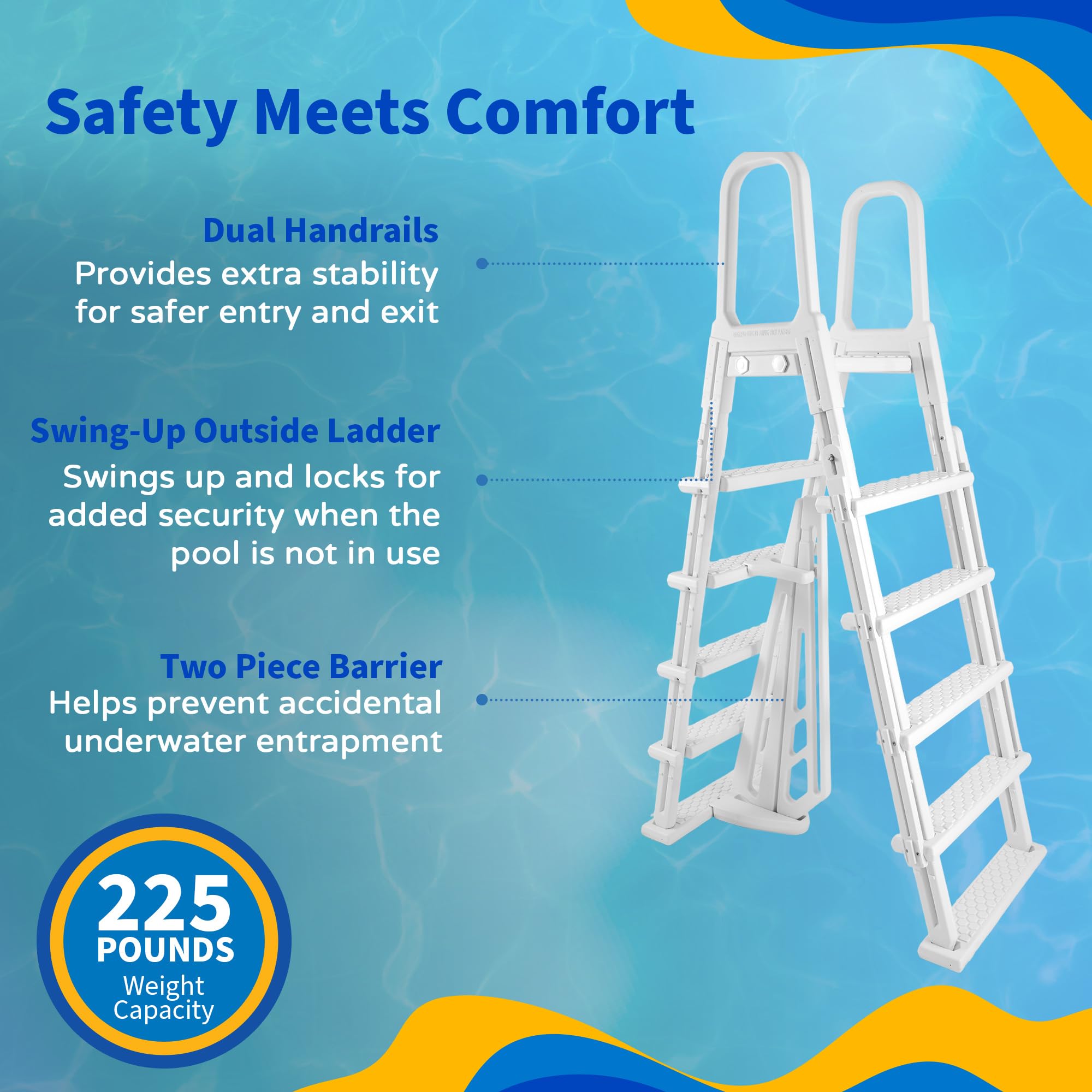 Blue Wave side profile installed in pool demonstrating freestanding use benefit
