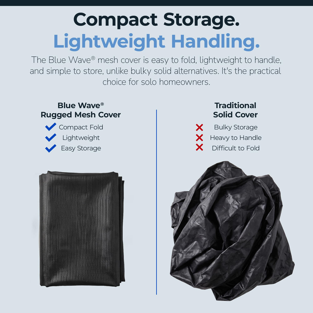 Blue Wave cover next to measuring tape showing 18-ft fit accuracy