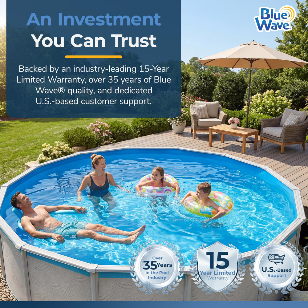Blue Wave product label and warranty closeup highlighting 15-year limited warranty