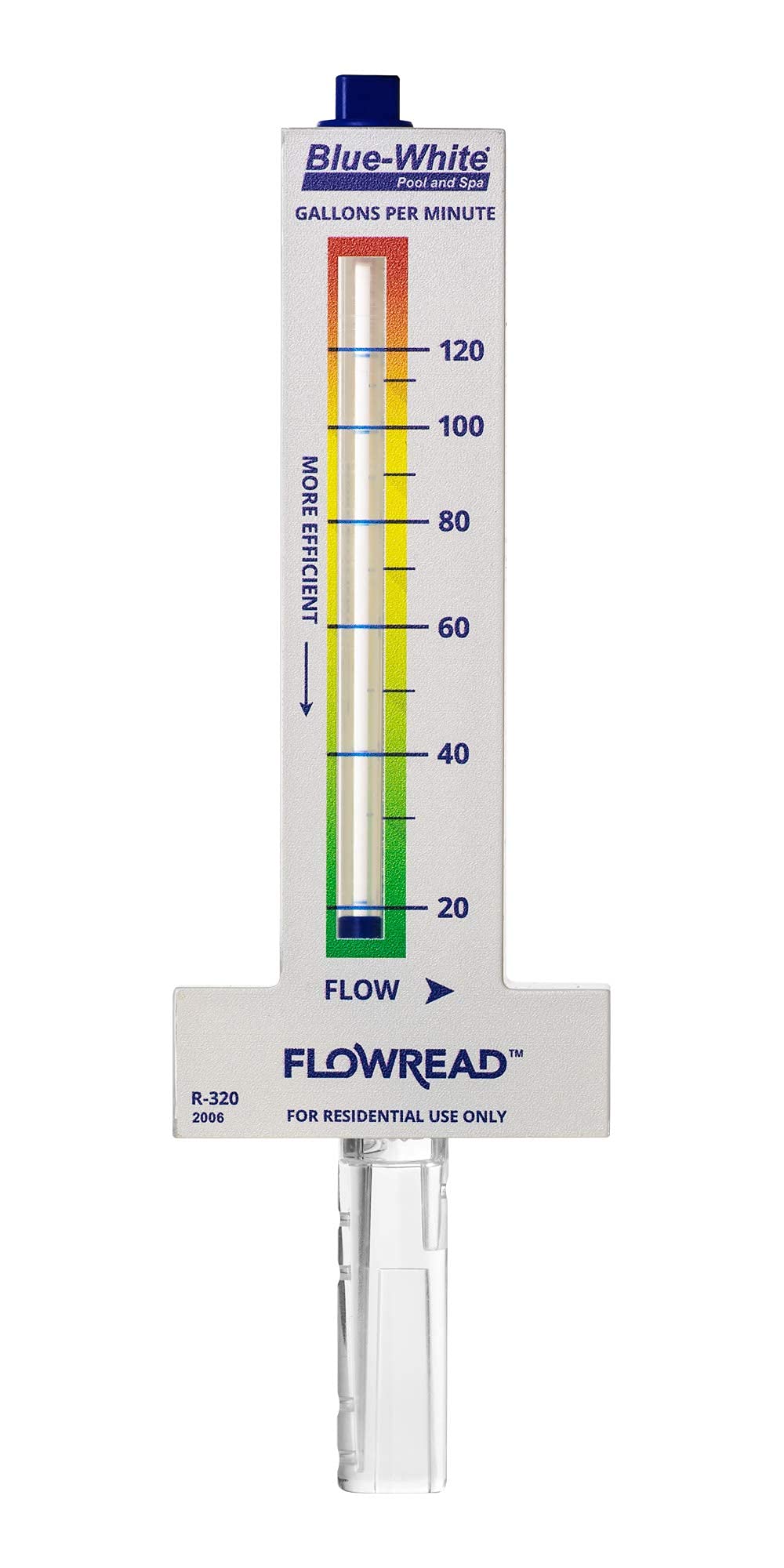 Blue-White FLOWREAD front profile showing clear acrylic body and readable scale for accurate flow verification