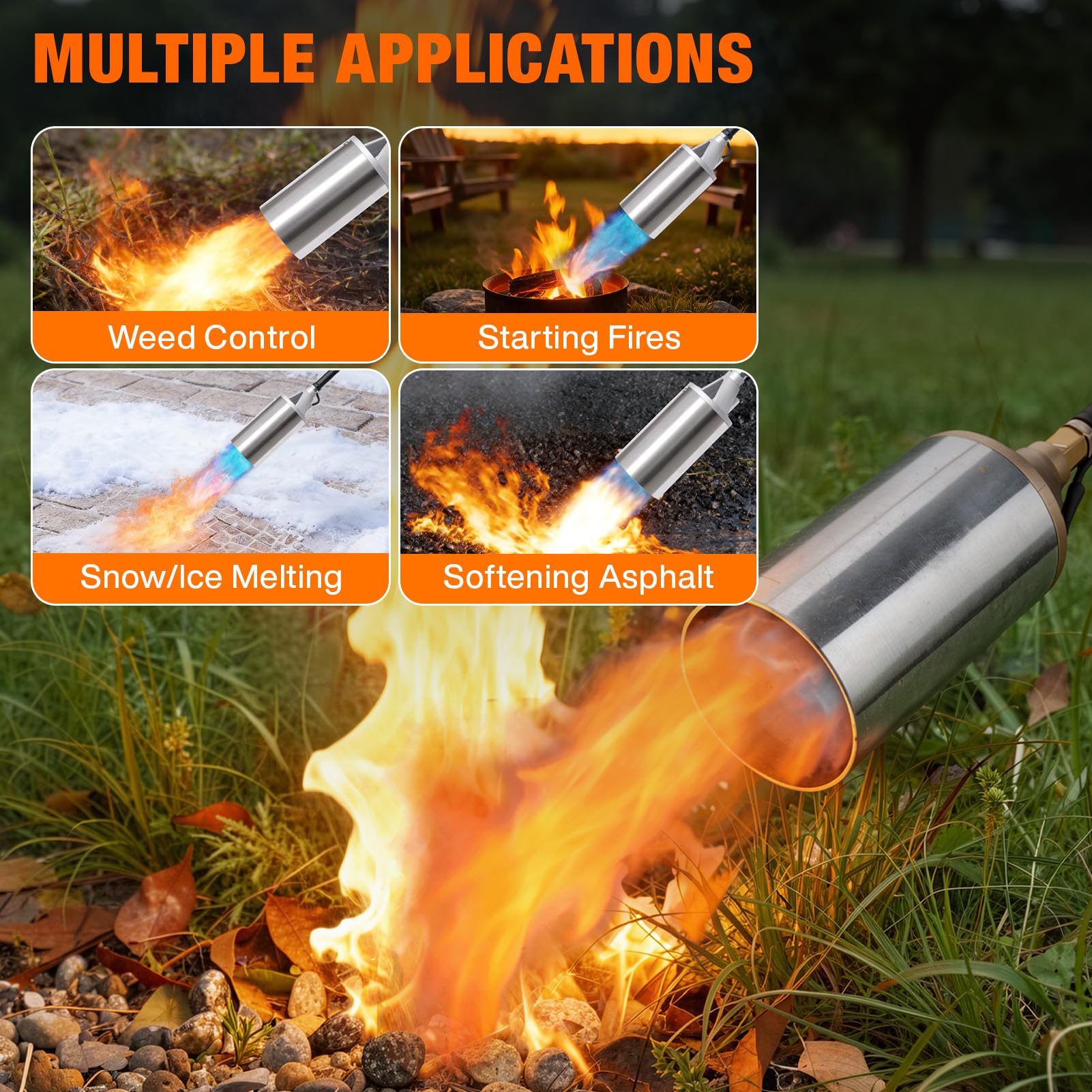 BlueFire torch connected to 1 lb propane canister demonstrating cordless portability