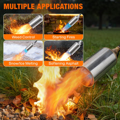 BlueFire torch connected to 1 lb propane canister demonstrating cordless portability