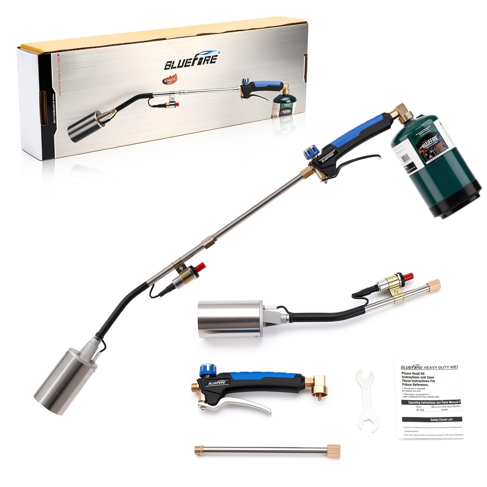 BlueFire torch front view showing robust nozzle and ergonomic handle for efficient work