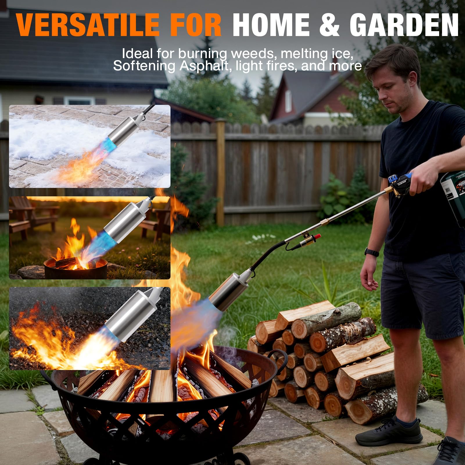 BlueFire torch in use on garden weeds illustrating fast targeted heat control
