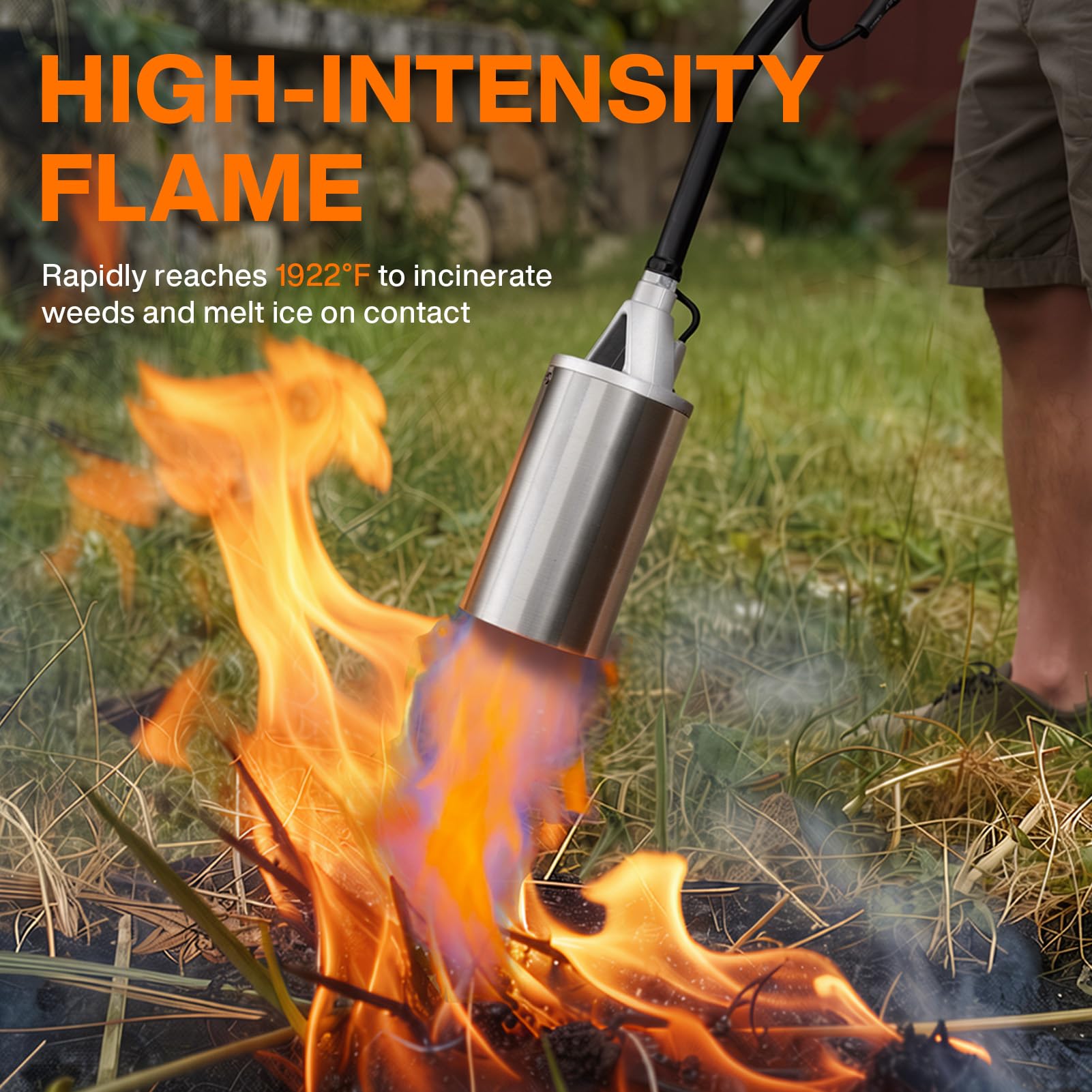 BlueFire nozzle close-up showing large flame outlet for faster weed and ice melting