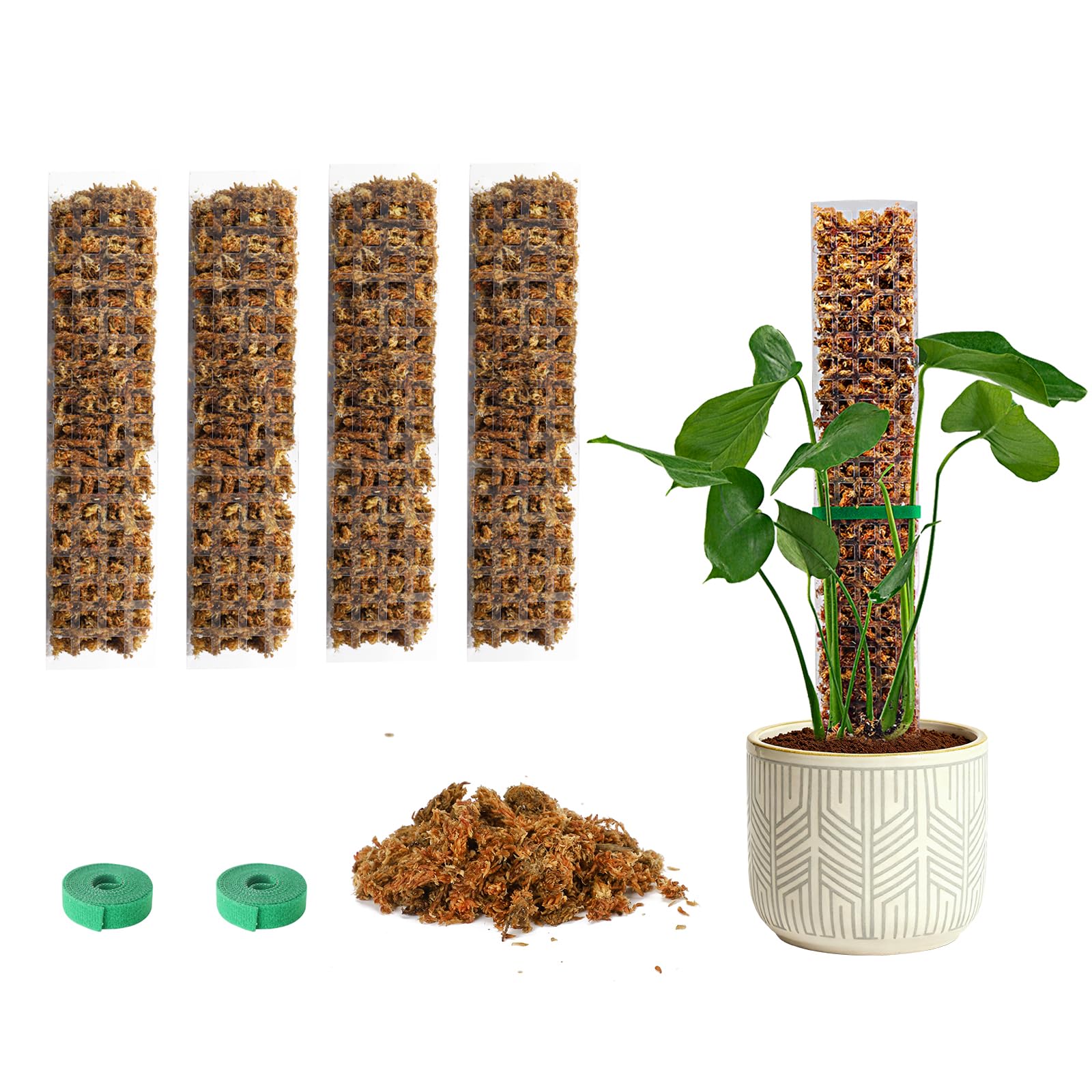 Bluepro front packaging showing four 15-inch moss poles and moss benefit support