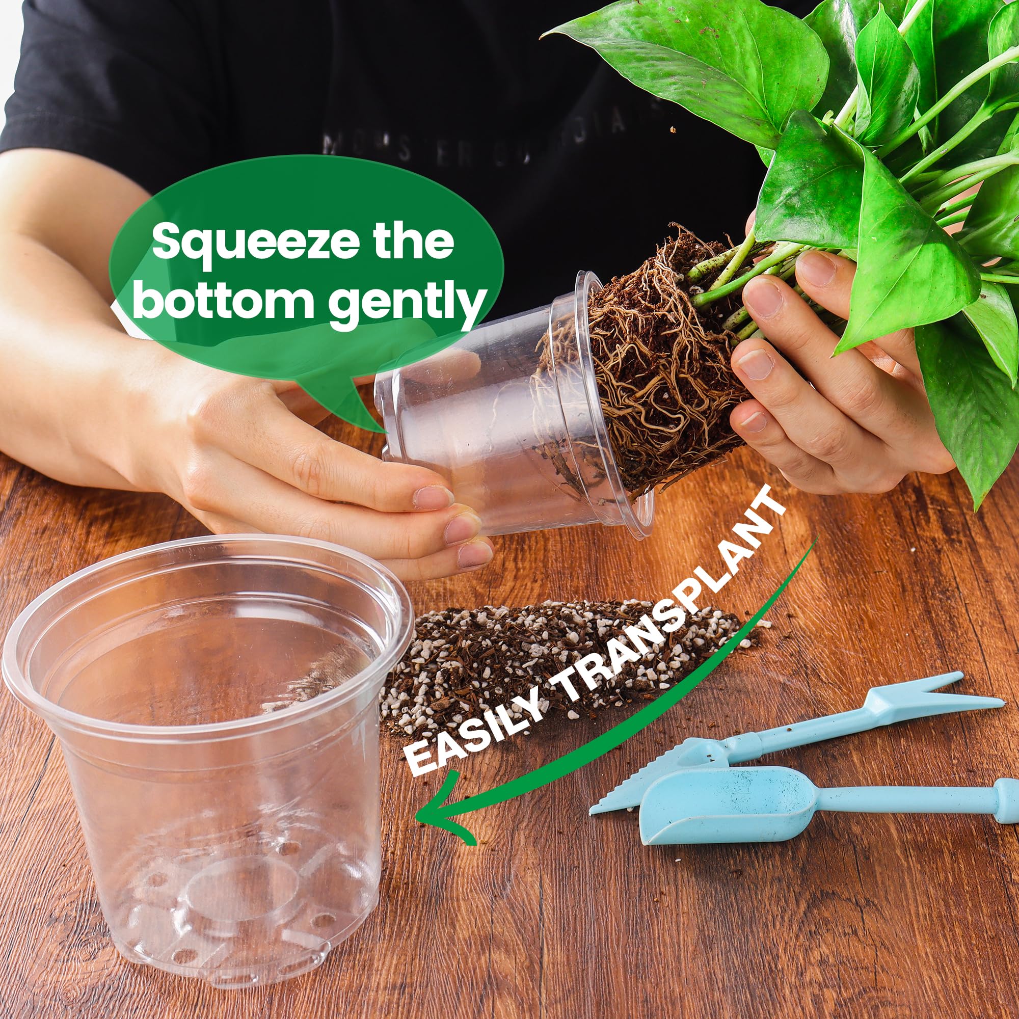 Bluepro hand flexing pot to release root ball, demonstrating easy plant removal