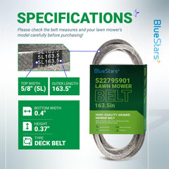 BlueStars belt label displaying 5/8" top width and 163.5" outer length for accurate replacement