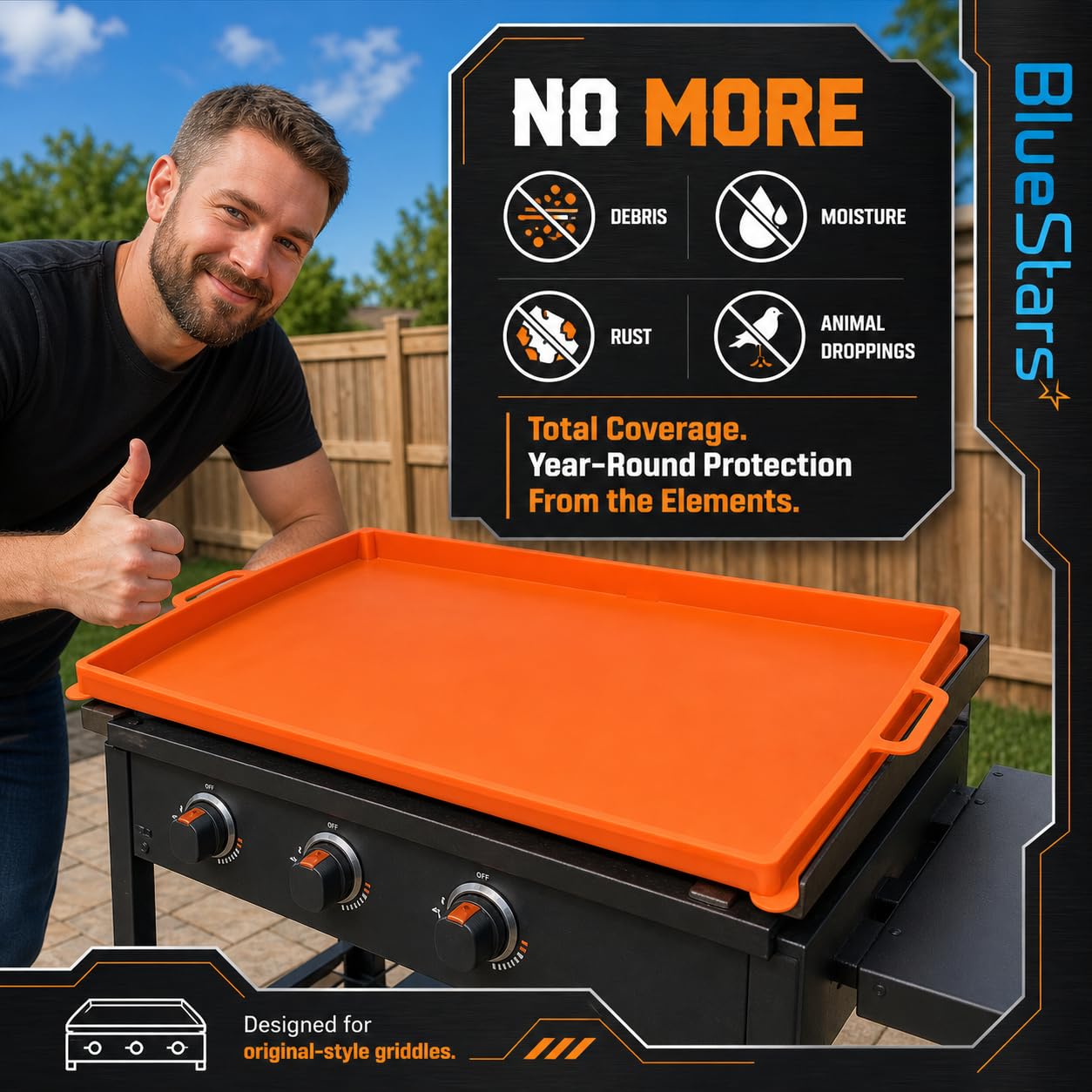 BlueStars cover fitted on Blackstone griddle showing snug, edge-to-edge protection