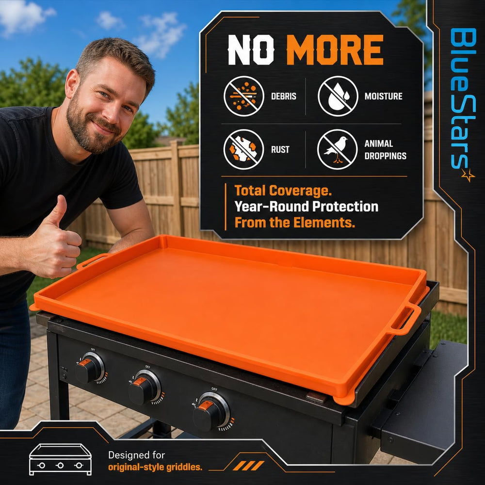 BlueStars cover fitted on Blackstone griddle showing snug, edge-to-edge protection