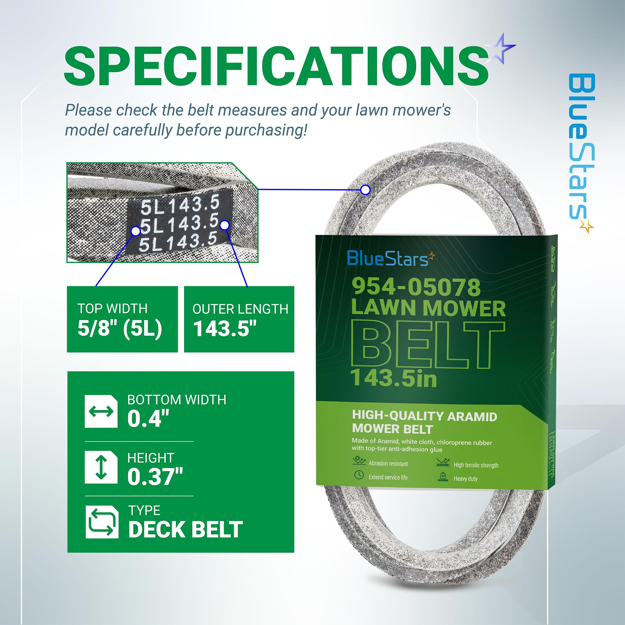 BlueStars deck belt side profile highlighting thickness and durable wrap benefit