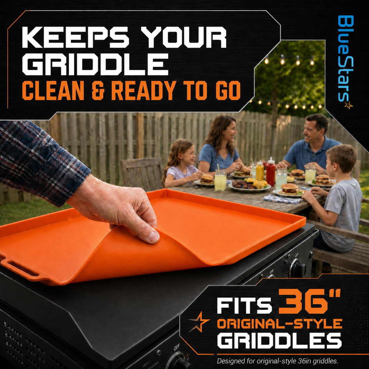BlueStars cover in backyard lifestyle scene keeping grill clean between cooks