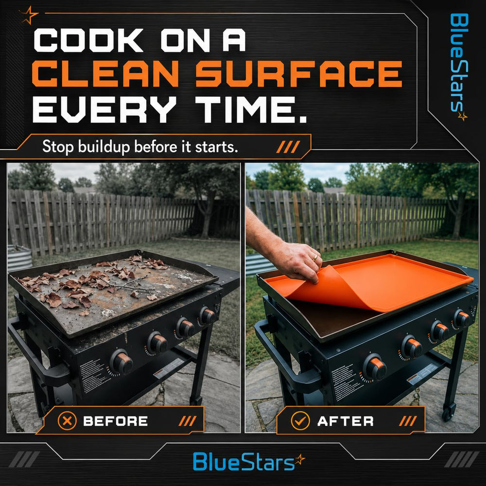 BlueStars cover shedding rain to protect griddle from weather damage