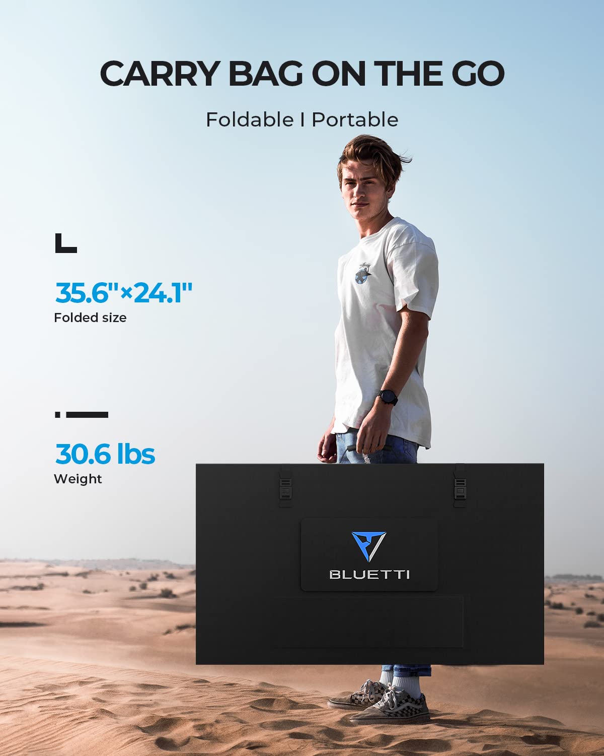 BLUETTI panel next to backpack showing fold size and transport convenience