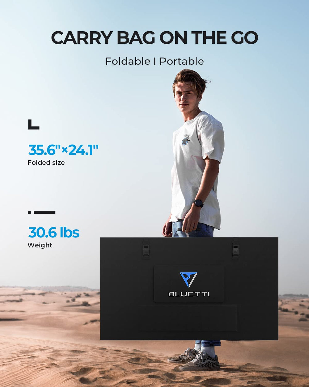 BLUETTI panel next to backpack showing fold size and transport convenience