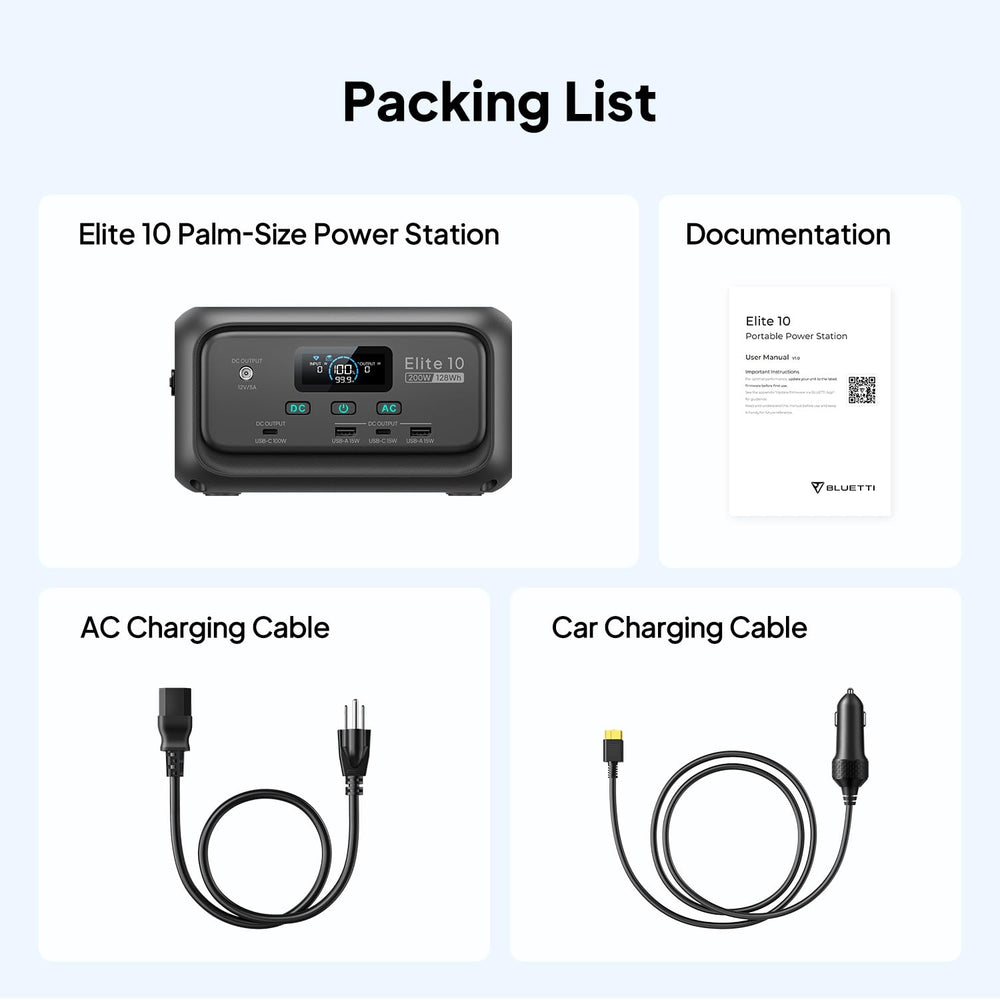 BLUETTI Elite 10 with included cables and manual showing out‑of‑box readiness