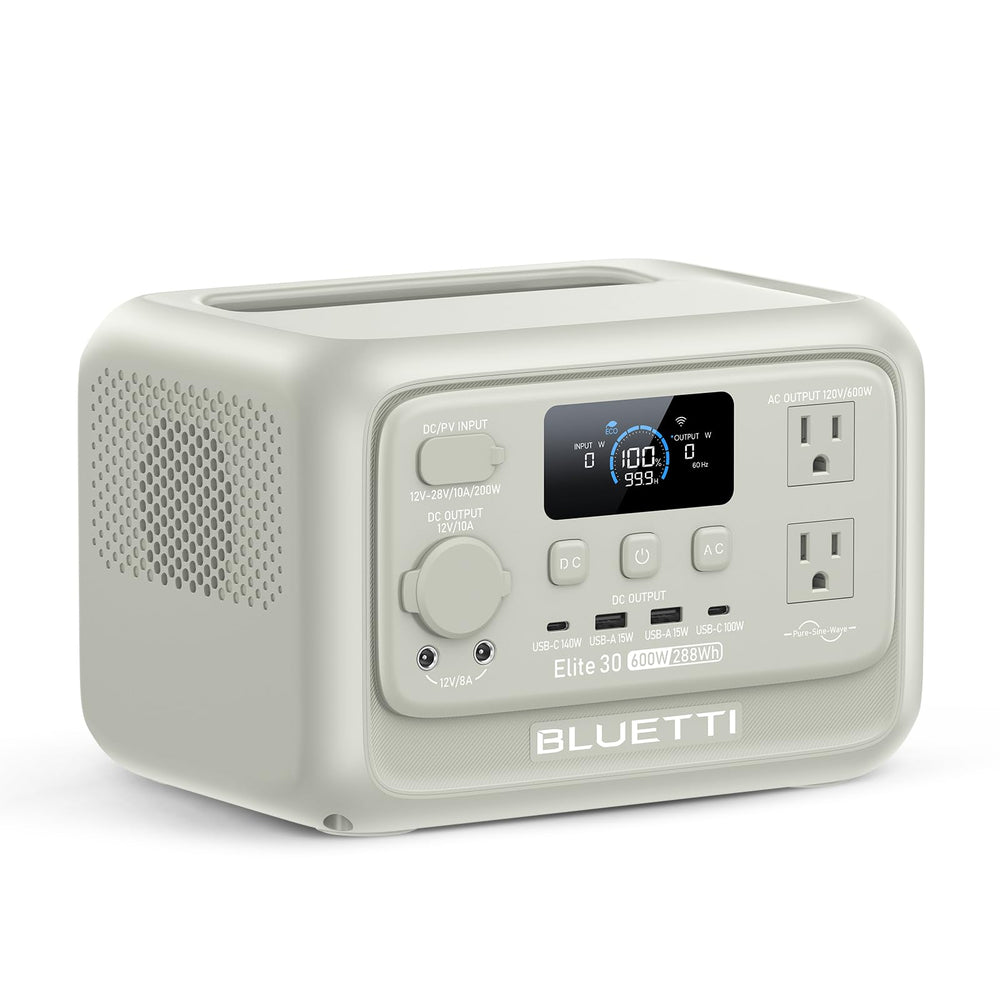 BLUETTI Elite 30 V2 front panel view showing ports and display, offers easy control