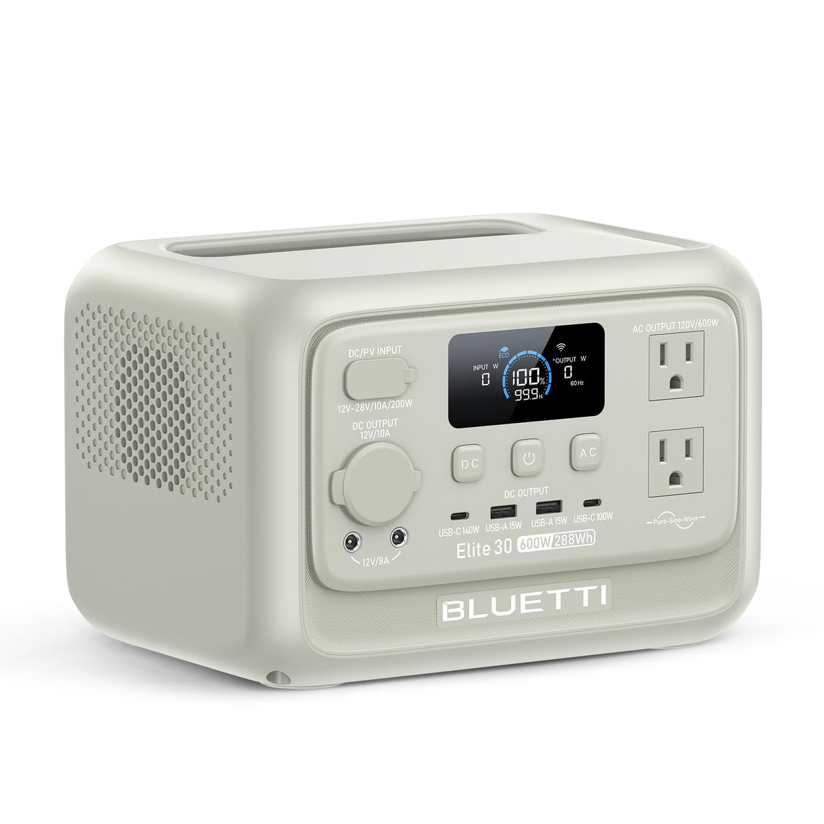 BLUETTI Elite 30 V2 front panel view showing ports and display, offers easy control