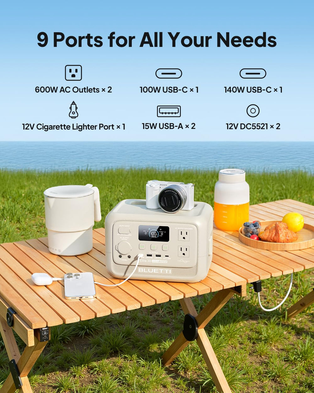 BLUETTI Elite 30 V2 powering campsite lights and speaker, reliable outdoor energy