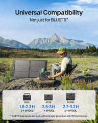 BLUETTI folded panel next to a backpack showing portability and lightweight design