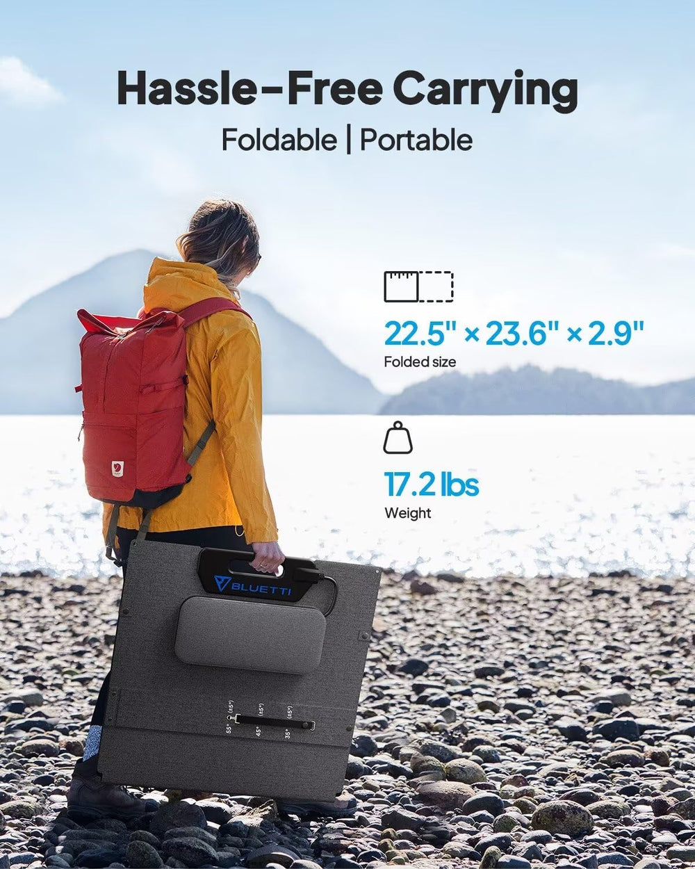 BLUETTI panel next to backpack to show portable size and easy carry advantage