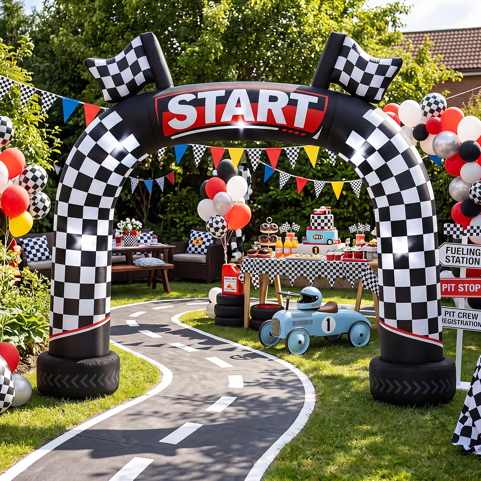 Blueweenly arch front view showing START sign and bold checkered design for event impact