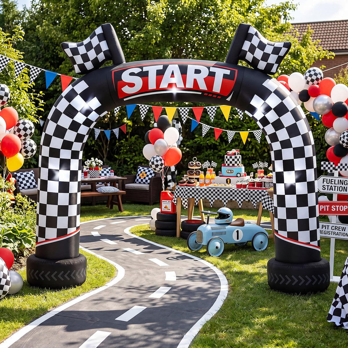 Blueweenly arch front view showing START sign and bold checkered design for event impact