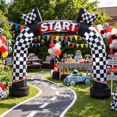 Blueweenly arch front view showing START sign and bold checkered design for event impact