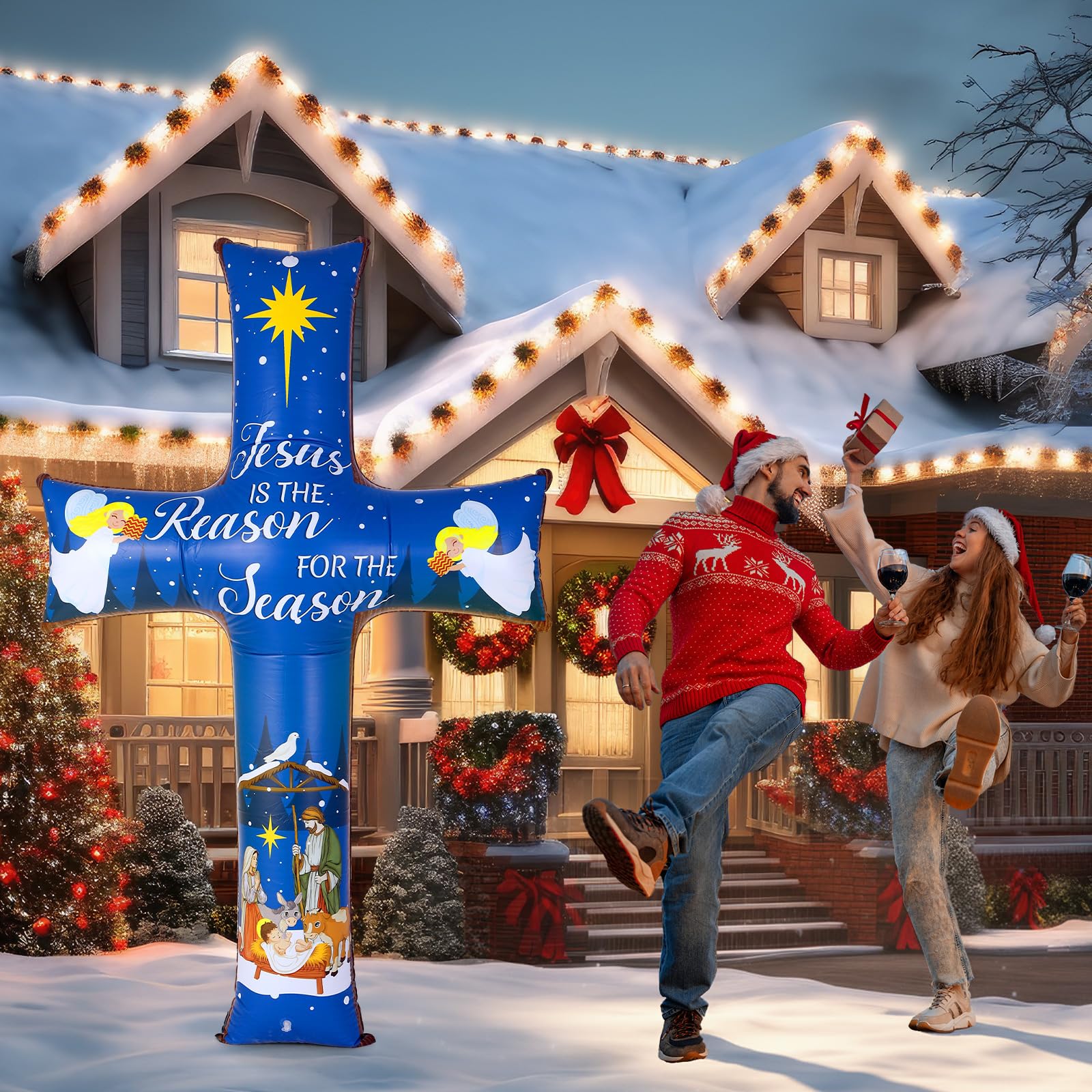 Blueweenly front view of 6ft inflatable cross showing nativity print and message, boosts curb appeal