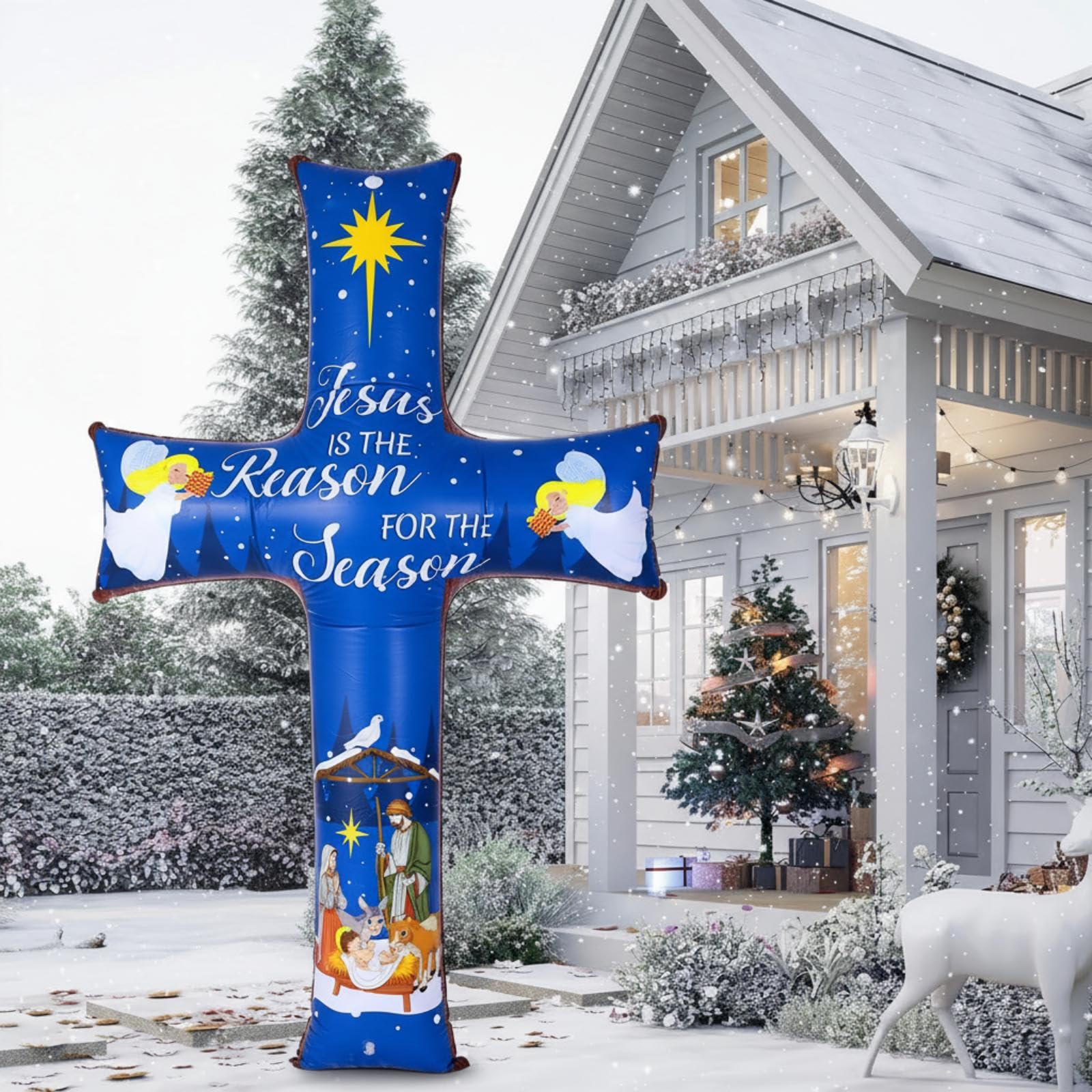 Blueweenly inflatable cross lit at night in yard, creates visible festive focal point