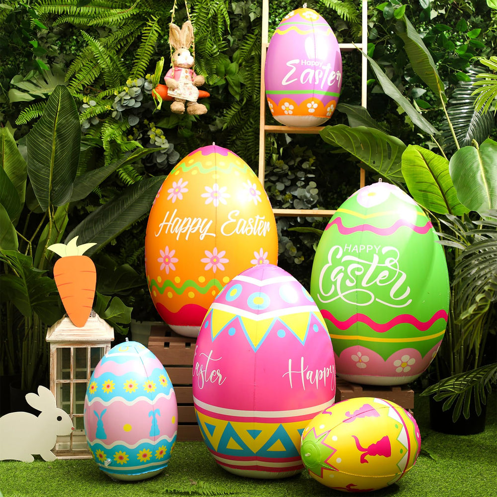 Blueweenly front view of six colorful inflatable Easter eggs for an instant festive yard