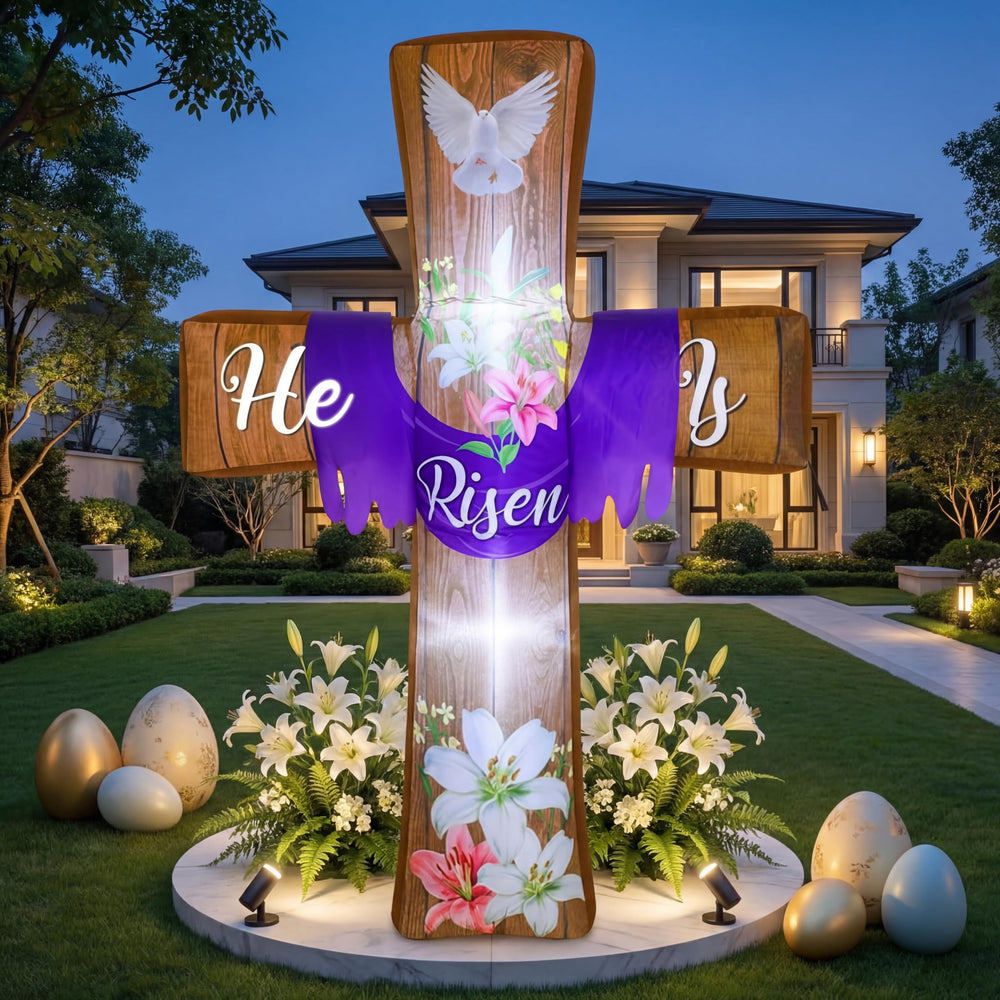 Blueweenly front view inflatable cross visible from driveway, bright focal point