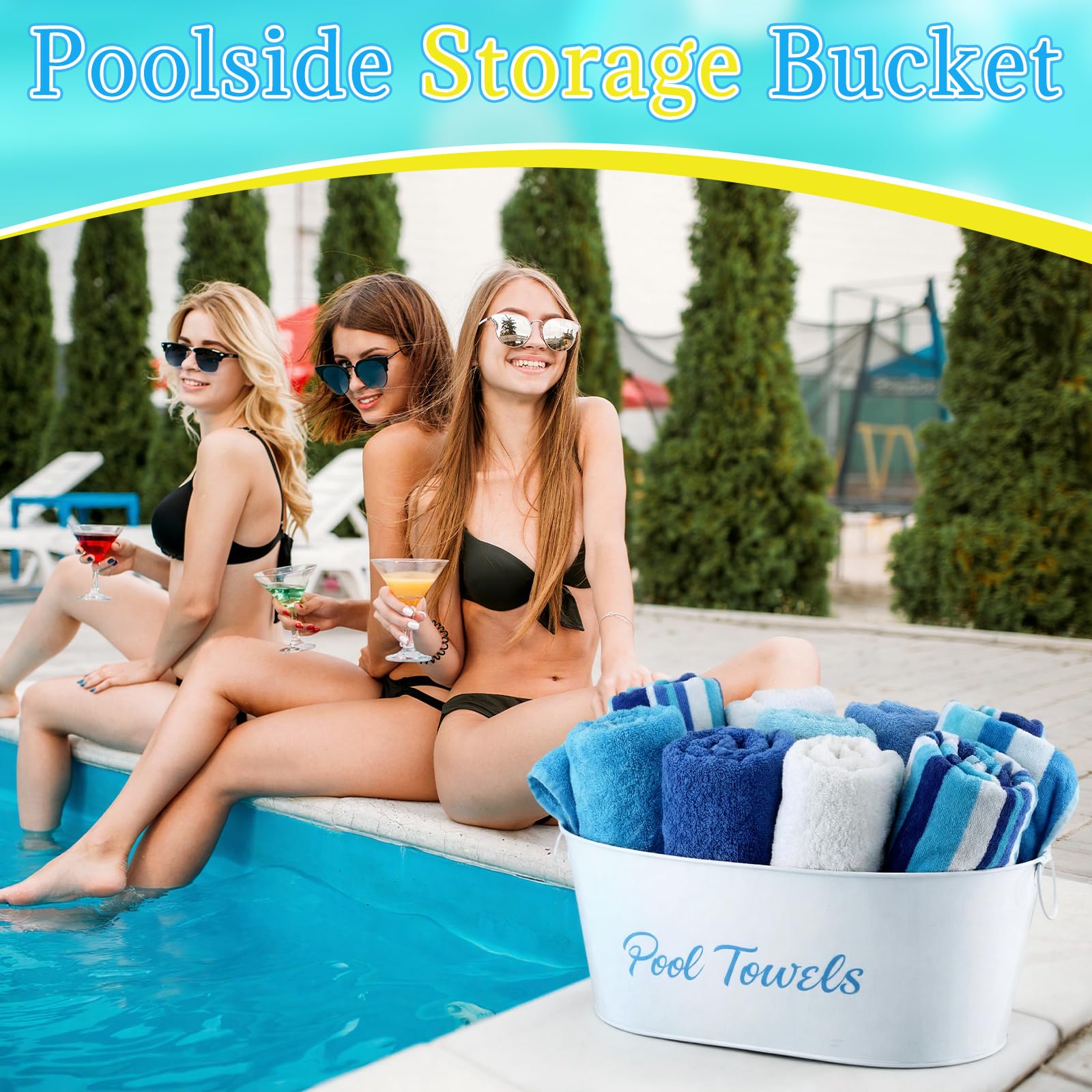 Blulu pair of buckets in use at poolside holding sunscreen and sunglasses for quick access