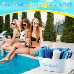 Blulu pair of buckets in use at poolside holding sunscreen and sunglasses for quick access